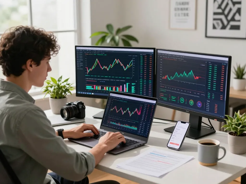 Analyzing passive income crypto strategies in a modern workspace with charts and data on screens.