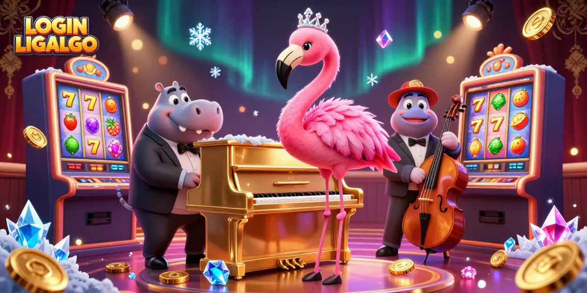 Experience the excitement of LOGIN LIGALGO with vibrant casino scenes featuring slot machines and lively characters.