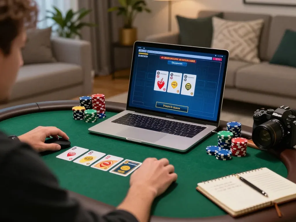 LC99 player engaging in strategic poker game at home using laptop with betting interface