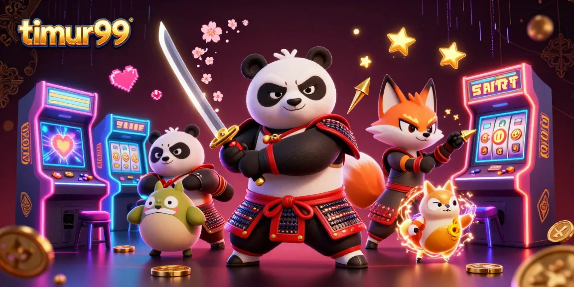 Experience exciting wins with timur99, featuring samurai panda and ninja fox in a dynamic casino scene.