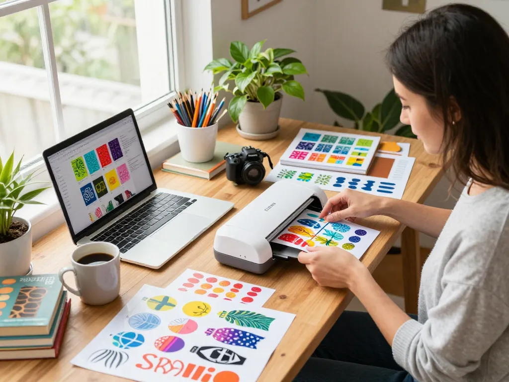 Designer crafting vibrant tumbler designs using SVG bundle files in a cozy studio.