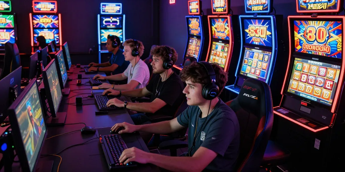 Pengalaman gaming AYAMTOTO dengan pemain yang bersemangat di depan mesin slot yang gacor.