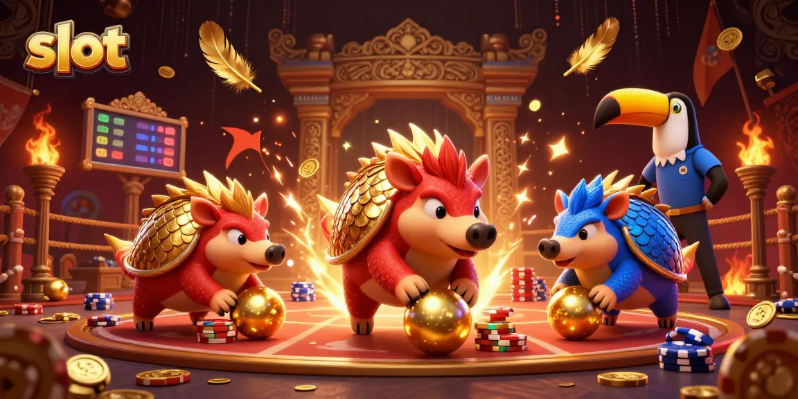 Menangkan permainan slot dengan karakter pangolin saling bersaing di arena kasino penuh emas.