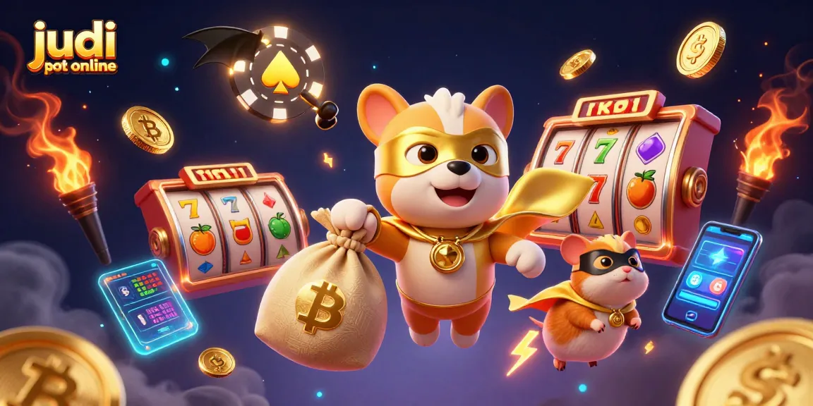 Judi slot online menyerang jackpot dengan simbol slot yang berkilau dan karakter superhero