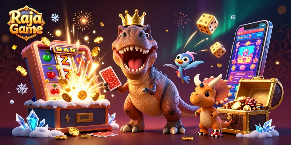 Play exciting games with Raja Game featuring a T-Rex, pterodactyl, and triceratops in a vibrant casino scene.