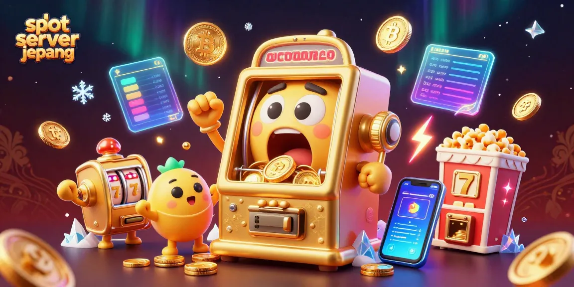Engage with slot server jepang as a golden slot machine celebrates a big win with coins spilling out.