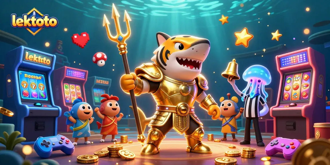 Experience excitement with lektoto in this vibrant underwater gaming scene featuring a gladiator shark.