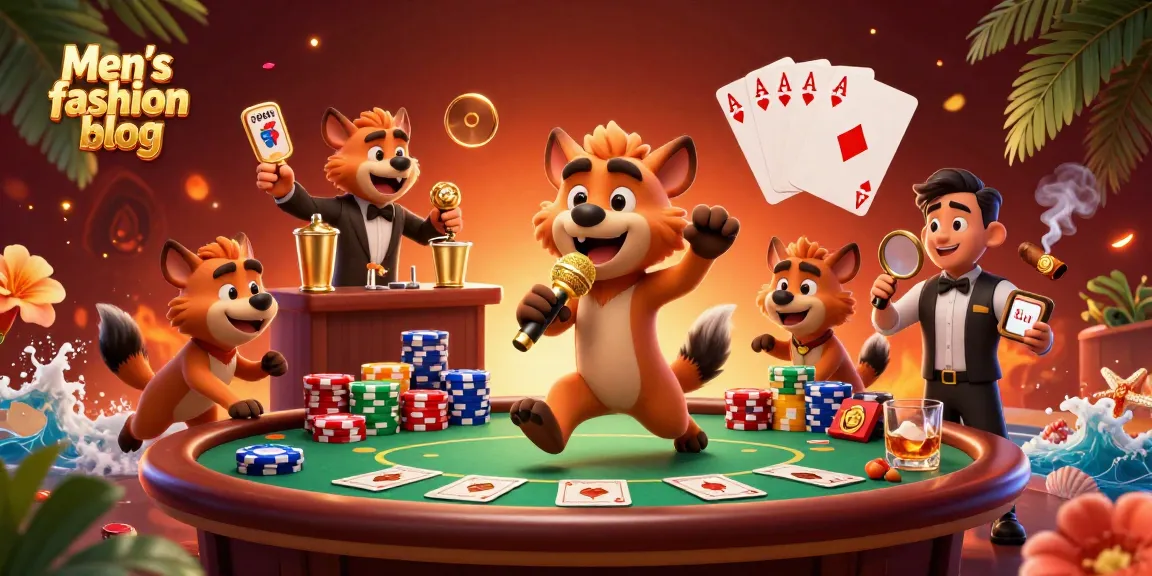Men’s fashion blog showcases a vibrant casino scene featuring hyenas in comedic roles amidst colorful gaming elements.