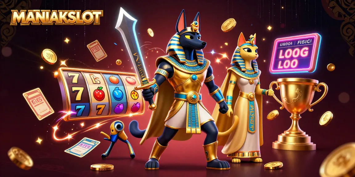 Experience the excitement of MANIAKSLOT with Anubis and fruit symbols in a vibrant casino scene.
