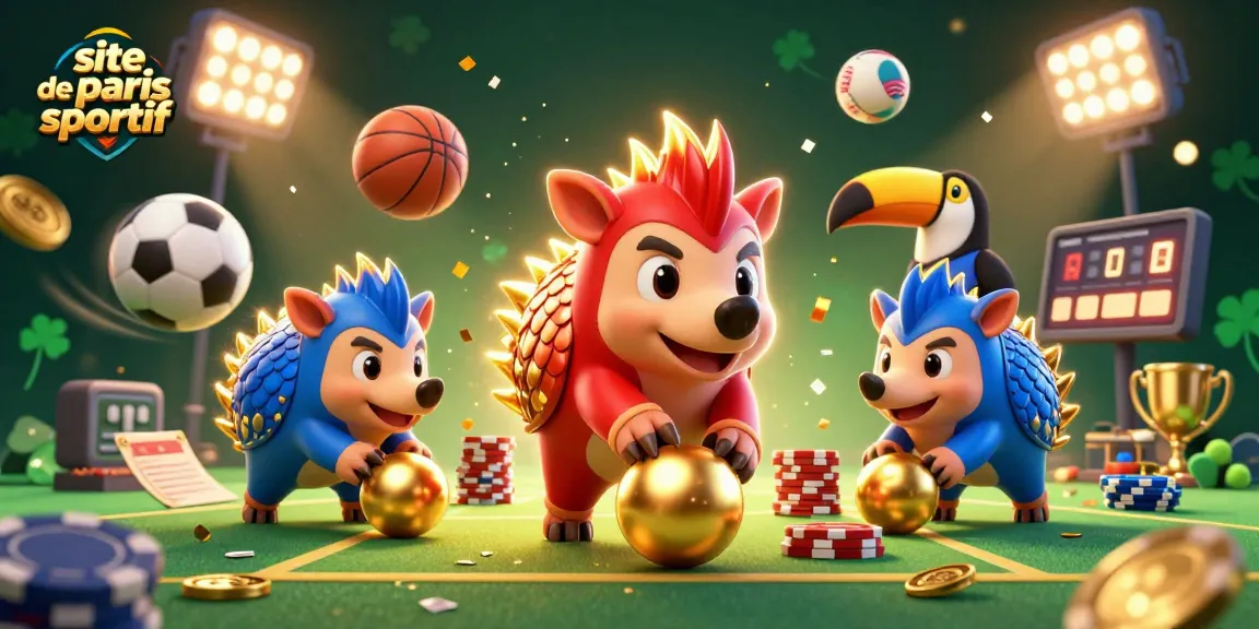Pariez sur le site de paris sportif avec des pangolins, éléments sportifs et confettis d'écailles dorées.