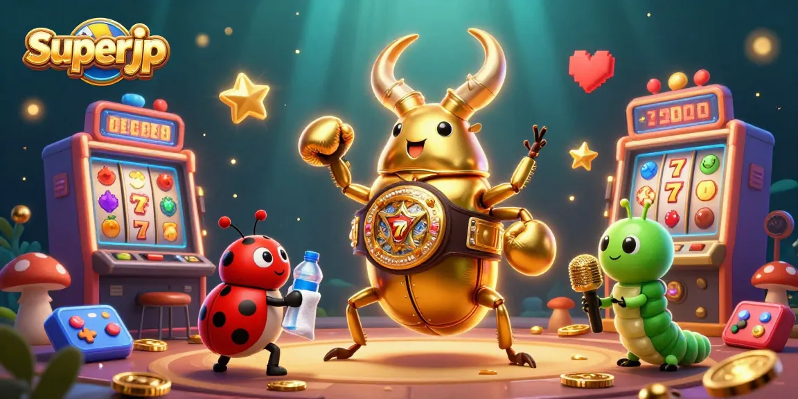 Experience superjp with a dynamic 3D illustration featuring colorful slot game elements and exciting characters.