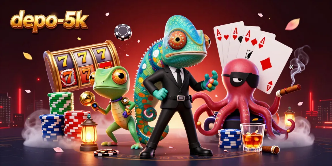Experience the excitement of depo-5k slots with a vibrant 3D casino illustration featuring unique characters.